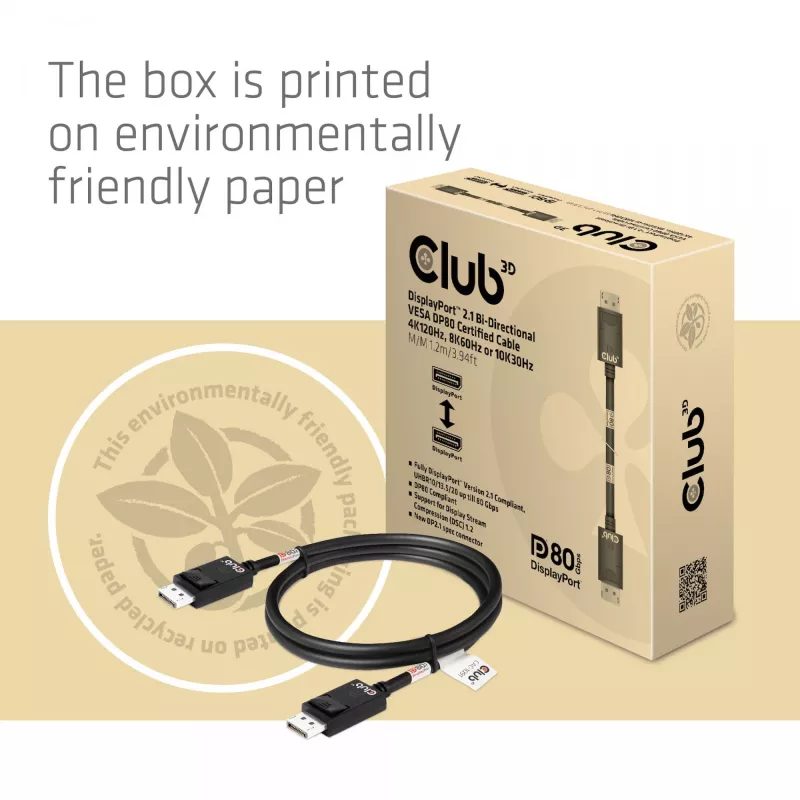 Kabel CLUB3D DisplayPort 2.1 Dwukierunkowy z certyfikatem VESA DP80 4K240Hz, 8K60Hz lub 10K30Hz M/M 1,2m/3,94ft