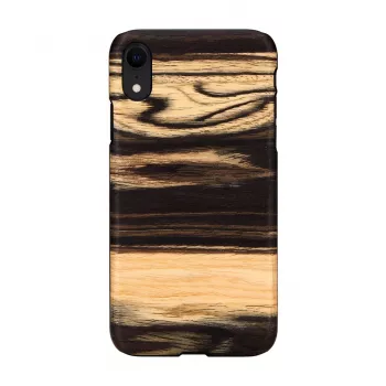 Etui na telefon man and wood do iPhone XR — tył z białego hebanu, czarna drewniana powierzchnia, ochronna skorupa