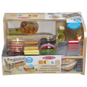 Melissa & Doug Drewniany Licznik Kanapek z Krajalnicą – 56-elementowy Zestaw Zabawek do Udawania Jedzenia - Certyfikat FSC