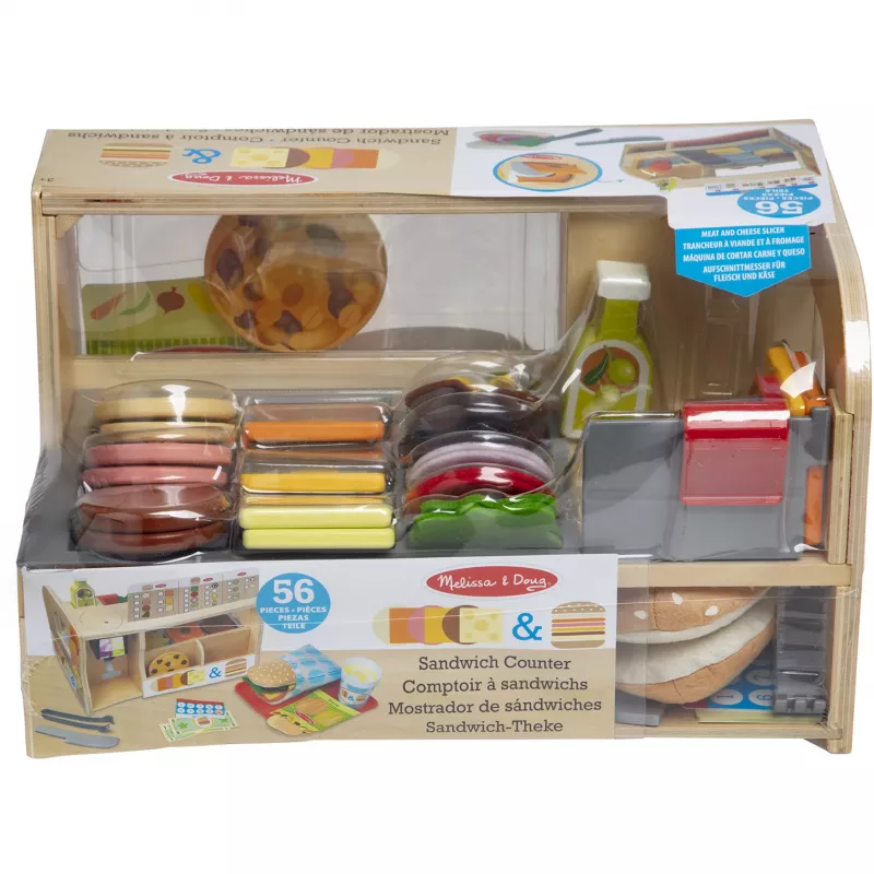 Melissa & Doug Drewniany Licznik Kanapek z Krajalnicą – 56-elementowy Zestaw Zabawek do Udawania Jedzenia - Certyfikat FSC