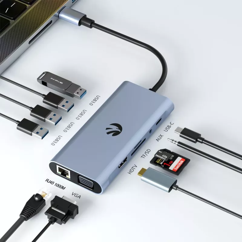 Adapter USB-C 11-w-1 Hawk HW-HUB1101 — hub wieloportowy z 11 portami