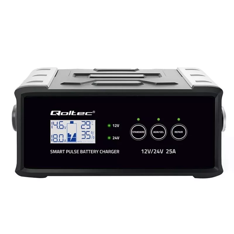 Prostownik QOLTEC 52514 — 12 V/24 V, 25 A, do akumulatorów AGM/żelowych/SLA z wyświetlaczem LCD