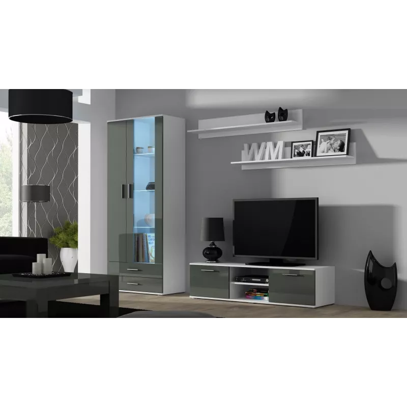 TV stand cama meble SOHO 140 — 1400×430×370 mm, biały blat, płyta wiórowa, biała rama, biały/szary połysk