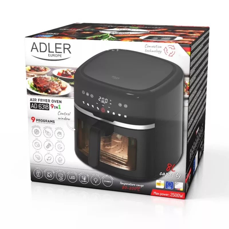 Adler AD 6318 frytkownica beztłuszczowa, 8 l, 2500 W, wyświetlacz LCD, 9 programów, czarna