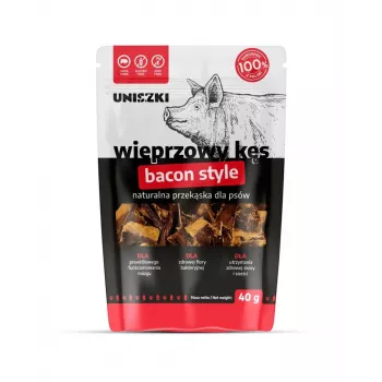 Mokra przekąska dla psa UNISZKI Bacon Style bite 40 g — wieprzowina, saszetka jednoporcjowa, monoproteinowa, hipoalergiczna