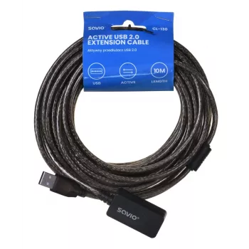Aktywne przedłużenie portu USB SAVIO CL-130 10 m USB 2.0 A męski–żeński, 5 V, czarny