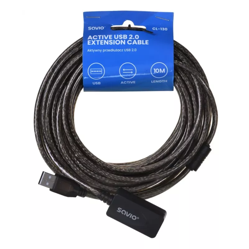 Aktywne przedłużenie portu USB SAVIO CL-130 10 m USB 2.0 A męski–żeński, 5 V, czarny