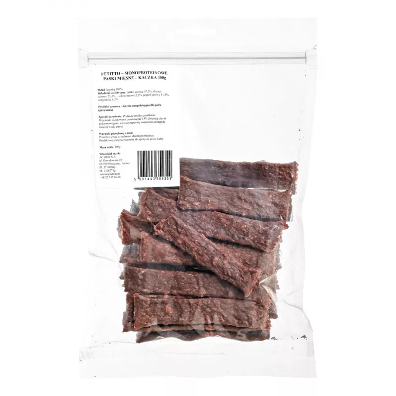 Przysmak PETITTO Monoprotein Meat Strips Duck 400 g — jednobiałkowa przekąska treningowa dla psów, białko 47,3%, tłuszcz 23,4%