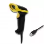 Ręczny czytnik kodów kreskowych QOLTEC 50867 — laserowy skaner 1D/2D, przewodowy USB, zasięg 600 mm, żółto-czarny