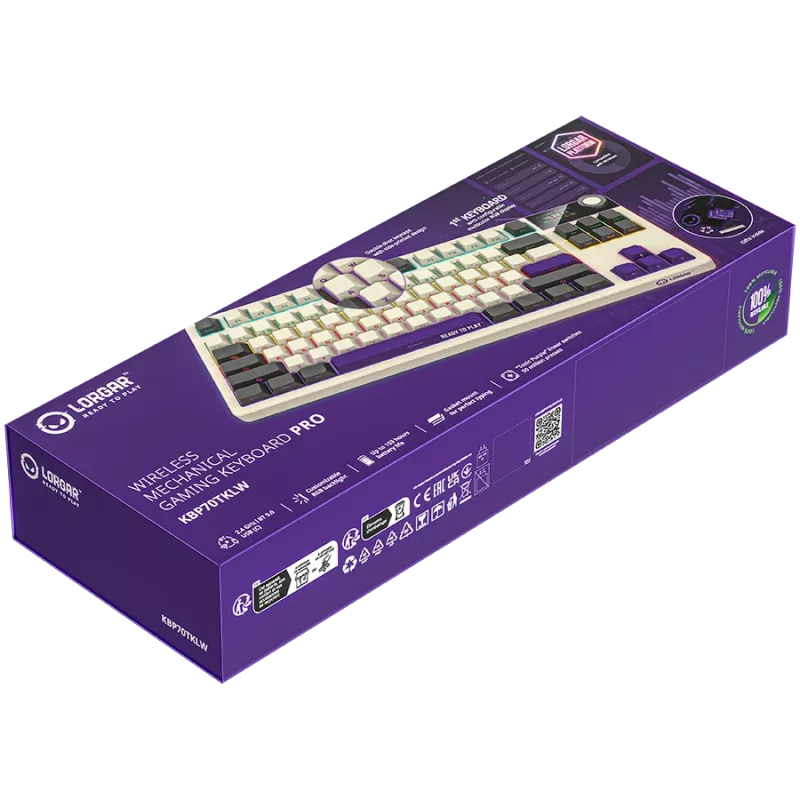 LORGAR KBP70TKLW, Bezprzewodowa mechaniczna klawiatura gamingowa TKL Pro, Beżowa, układ EN