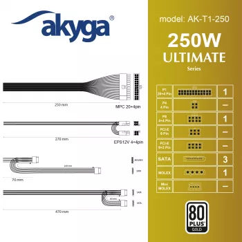 Akyga AK-T1-250 zasilacz TFX 250 W, 80 PLUS Gold, aktywne PFC, wentylator 80 mm, szary