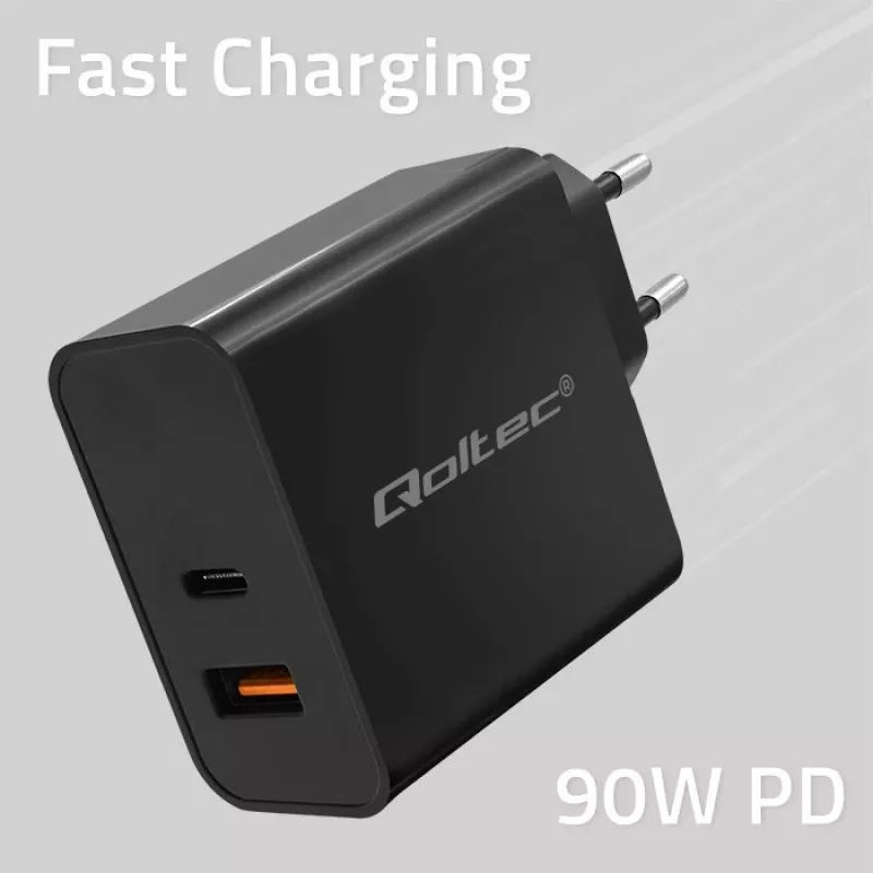 Qoltec 52381 Super Quick PD charger | 1xUSB-C | 1xUSB | 90W | 5-20V | 2.4-4.35A | Czarny