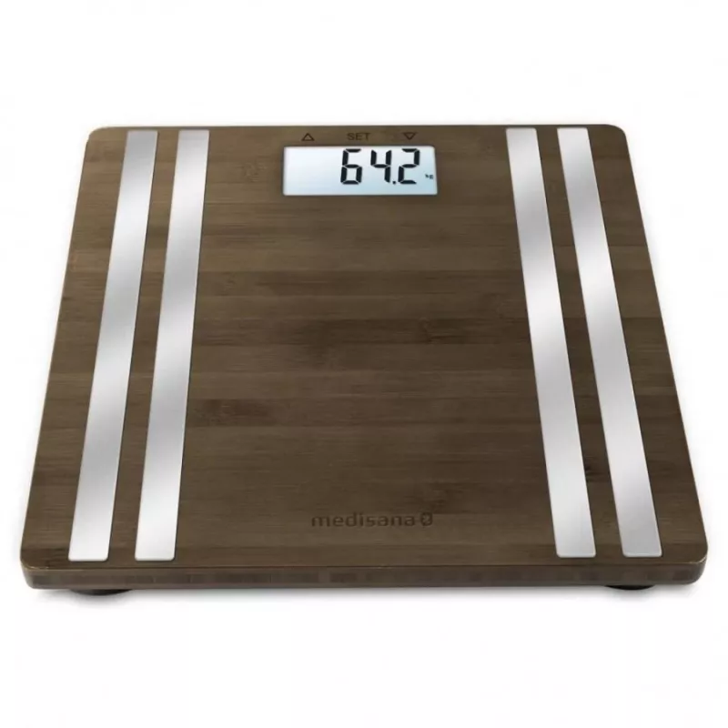 Elektroniczna waga osobista Medisana BS 552 — srebrna z bambusową platformą, maks. 180 kg, dokładność 100 g, Bluetooth, BMI, skład ciała