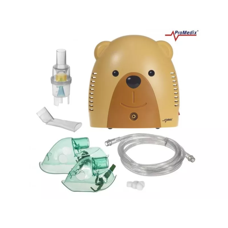 Inhalator dla dzieci Promedix, miś, zestaw nebulizatora, maski, filtry, PR-811