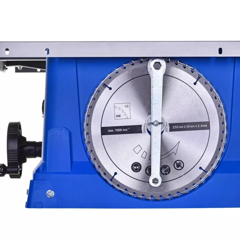 Piła stołowa Scheppach HS100S Special Edition — 2000 W, tarcza 250 mm, głębokość cięcia 85 mm, kąt ukosu 0–45°, składana podstawa