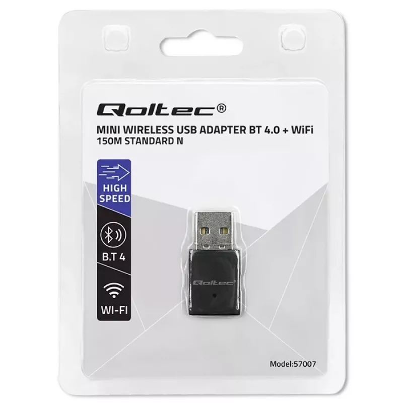 Bezprzewodowy mini adapter USB Wi-Fi QOLTEC 57007 — jednopasmowy 2.4 GHz, do 150 Mbps, antena wewnętrzna