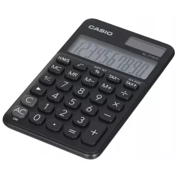 Kalkulator podstawowy CASIO SL-310UC-BK — 10-cyfrowy, bateria/ogniwo słoneczne, funkcje podatkowe i marży, rozmiar kieszonkowy (70×118×8,4 mm), czarny