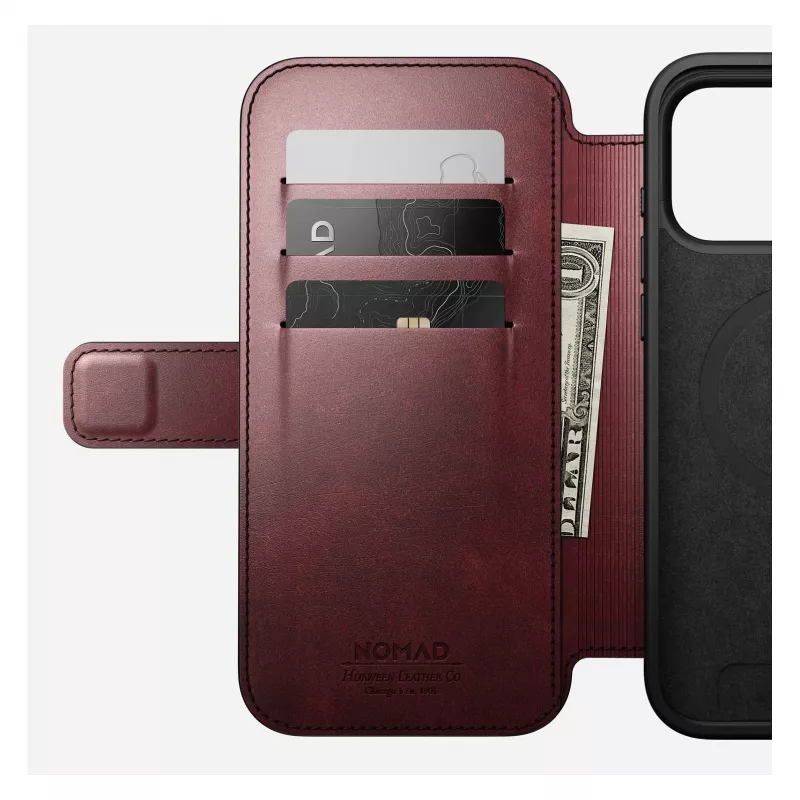 Etui na telefon Nomad Modern Leather Folio do iPhone 17 Pro Max — skóra, TPU, PC, aluminium, burgund, 16 cm (6,3 cala)