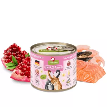 Mokra karma dla kota Fox4Pets DeliCATessen z łososiem i owocami morza, puszka 200 g, pełnowartościowa dieta dla dorosłych, 10,2% białka, 5,5% tłuszczu, 80% wilgotności