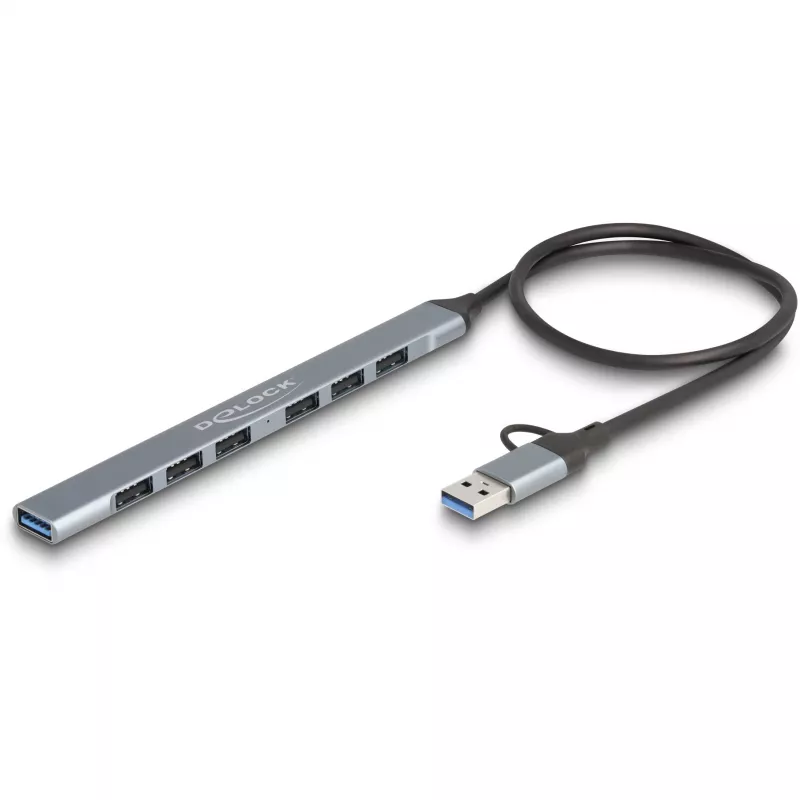 DELOCK 4 Port cienki USB Hub — Host USB 3.2 Gen 1 Type-C, 3× USB 5 Gbps Type-C + 1× USB 5 Gbps Type-A, szary, metal