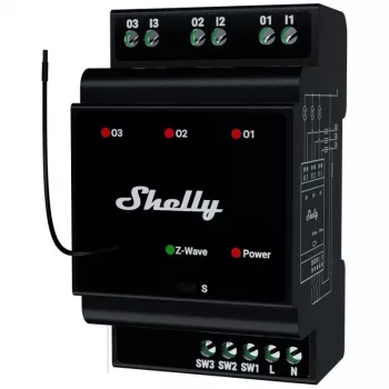 Inteligentny przekaźnik Shelly Wave PRO 3 — czarny, obudowa z tworzywa sztucznego, 110–240 V AC, 50–60 Hz, 0,3 W, 53×59×96 mm