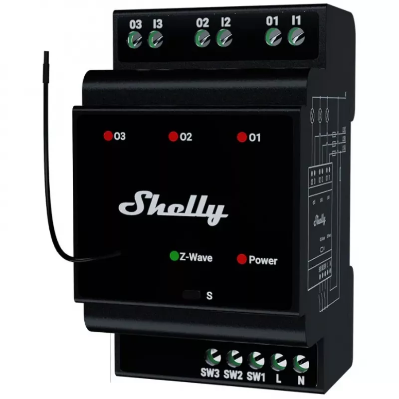 Inteligentny przekaźnik Shelly Wave PRO 3 — czarny, obudowa z tworzywa sztucznego, 110–240 V AC, 50–60 Hz, 0,3 W, 53×59×96 mm