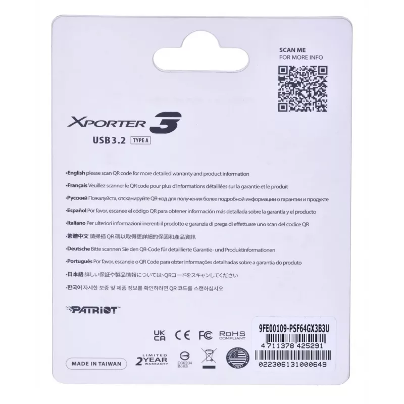 Pamięć flash USB PATRIOT Xporter 64 GB USB typu A 3.2 Gen 1 (wysuwana, czarna, 80 MB/s)
