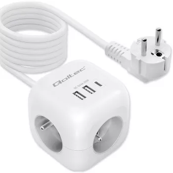 Listwa zasilająca Power Cube QOLTEC 52547 3× gniazda AC, 2×USB-A, 1×USB-C PD 20W
