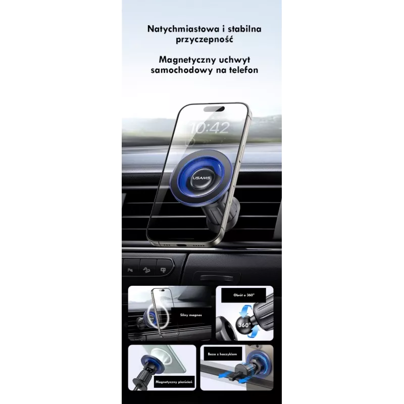 Magnetyczny uchwyt samochodowy na telefon usams ZJ081 — magnetyczny montaż do smartfonów, kompaktowa konstrukcja, łatwy montaż