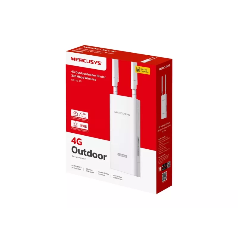 Router bezprzewodowy TP-LINK MB118-4G — 4G LTE, jednopasmowy 2.4 GHz, Wi‑Fi 4 (802.11n), 300 Mbps, Fast Ethernet, 4 anteny zewnętrzne, biały