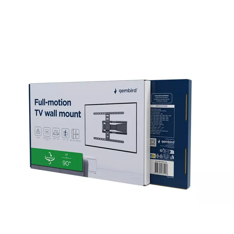 Pełnoruchowy uchwyt ścienny do telewizora GEMBIRD WM-90ST-02 dla ekranów 43–90 cali, uchwyt przegubowy, VESA 100x200–600x400, udźwig 50 kg