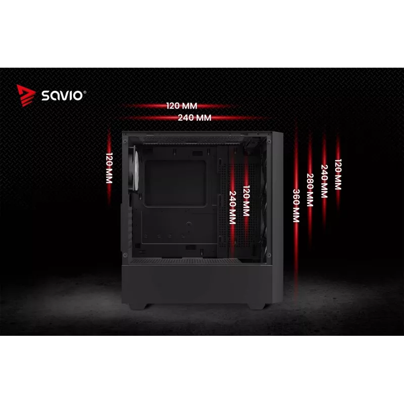 Obudowa PC SAVIO Noctis Flow — Cube Mini‑ITX/Micro‑ATX/ATX, 3x120mm przód, 1x120mm tył, 2x3.5 cala + 3x2.5 cala zatoki, hartowane szkło