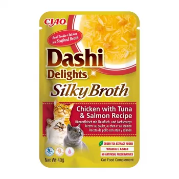 Mokra karma dla kota INABA Dashi Delights Silky Broth — kurczak z tuńczykiem i łososiem, saszetka 40 g, wilgotność 93%, dietetyczne wsparcie trawienia