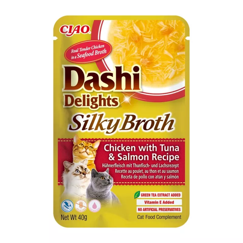 Mokra karma dla kota INABA Dashi Delights Silky Broth — kurczak z tuńczykiem i łososiem, saszetka 40 g, wilgotność 93%, dietetyczne wsparcie trawienia