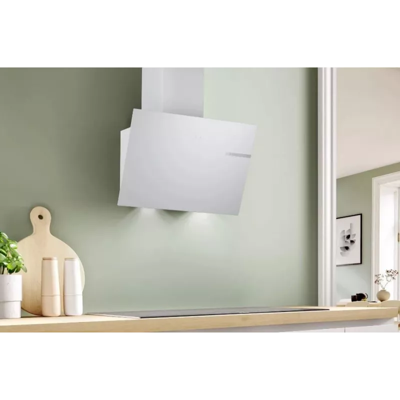 Okap ścienny Bosch DWK65DK20, 590×325×690 mm, 550 m³/h, 3 biegi, 62 dB, biały, aluminiowy filtr przeciwtłuszczowy