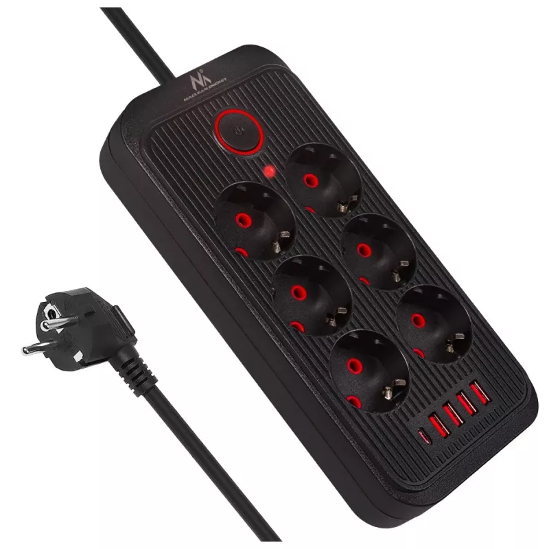 Listwa zasilająca MACLEAN MCE391 B – 6 gniazd, 4×USB-A + 1×USB-C, 110–240V, 2500W, kabel 3 m, czarna