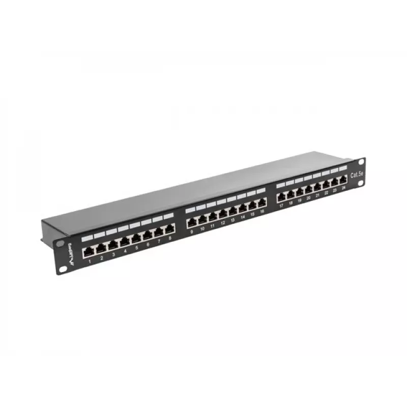 Patch panel 1U LANBERG PPS5-1024-B — 24-port RJ-45 Cat5, metal, czarny, montaż w szafie rack