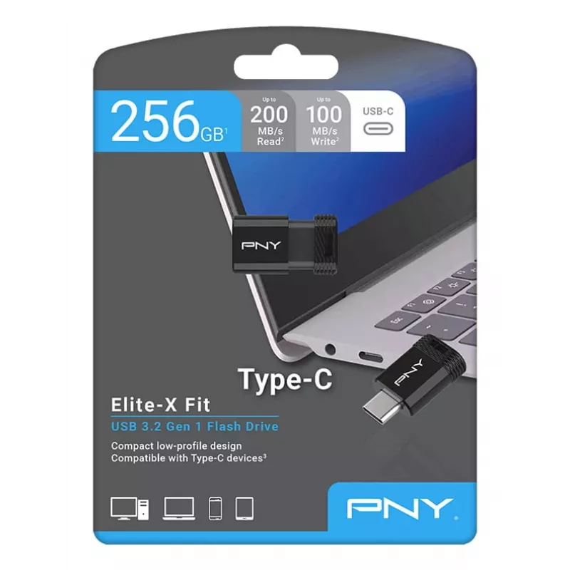 Pendrive PNY Elite-X 256 GB USB Type-C 3.2 Gen 1 (odczyt 200 MB/s, zapis 100 MB/s) czarny