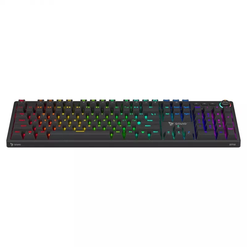 Klawiatura mechaniczna dla graczy SAVIO STYX Outemu niebieski Hot-Swap RGB USB QWERTY US International Czarna 104-klawiszowa pełnowymiarowa