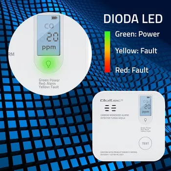 Czujnik tlenku węgla QOLTEC 52577 — alarm zasilany bateriami, poziom dźwięku 85 dB