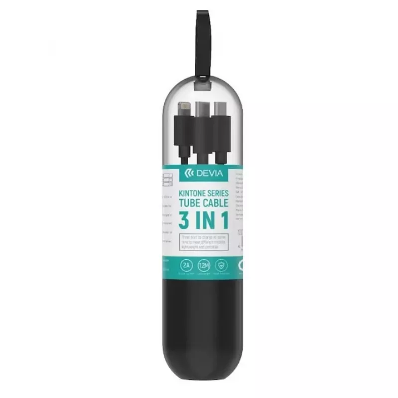 Kabel USB 3 w 1 do ładowania i transmisji danych Devia Kintone Series — Lightning, Micro-USB, USB-C, 1,2 m, czarny