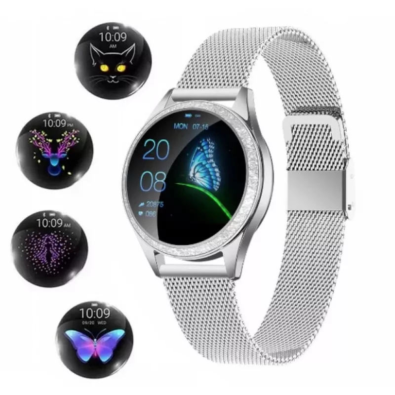 Smartwatch ORO-MED ORO-SMART CRYSTAL srebrny — okrągła metalowa obudowa, LCD 240×198, wyświetlacz 1.04 cala, Bluetooth 4.0, wodoodporny, bateria 120 mAh