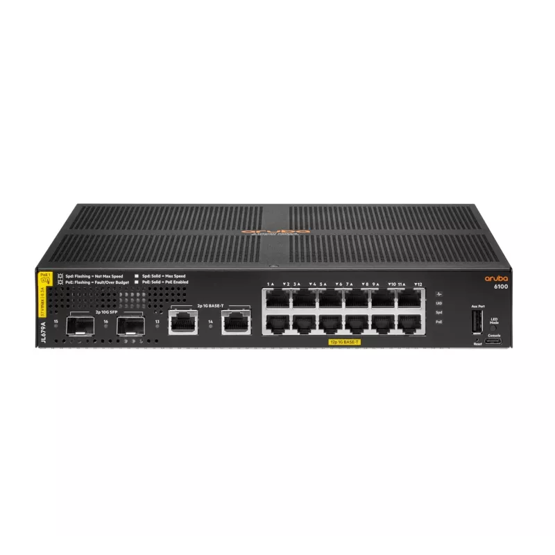 HPE Aruba Networking 6100 12G Class4 PoE 2G/2SFP+ 139W Zarządzany L3 Gigabit Ethernet (10/100/1000) Power over Ethernet (PoE) 1U Czarny