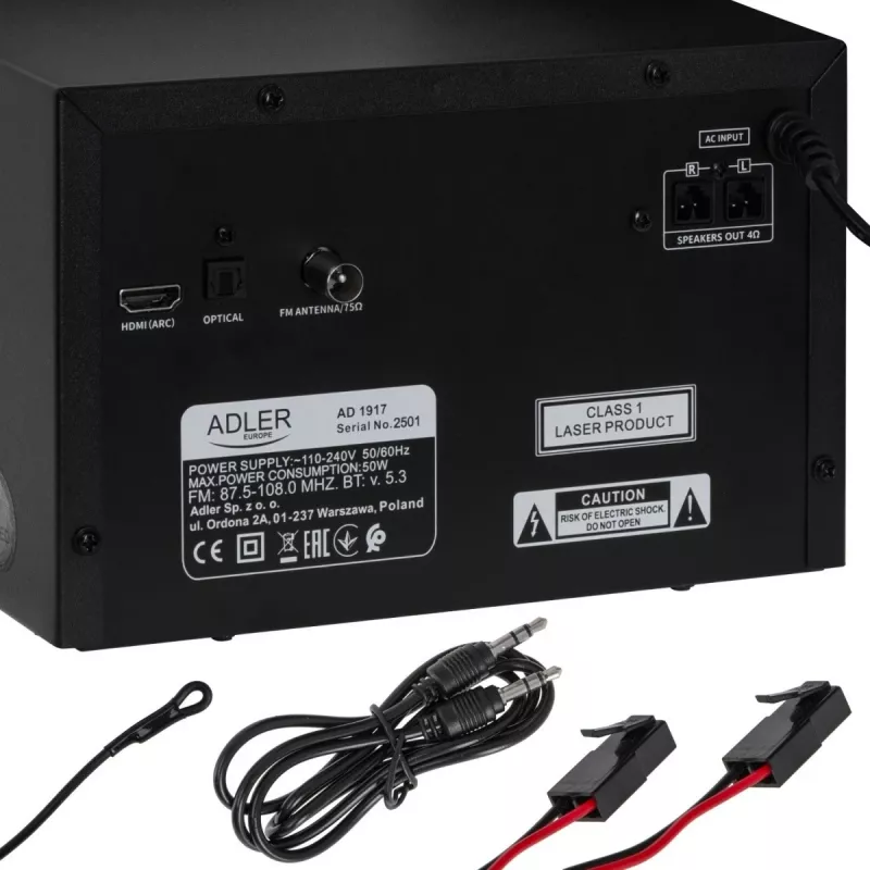 Mini zestaw stereo Hi‑Fi Adler AD 1917 — Bluetooth V5.3, CD/USB/MP3, 2×25W RMS, tuner FM, 4‑pasmowy korektor, AUX, czarny