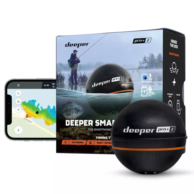 Przenośna echosonda Deeper Smart Sonar PRO+ 2, sonar 675 kHz, zasięg 100 m, 65×65×65 mm, Li‑Ion 950 mAh