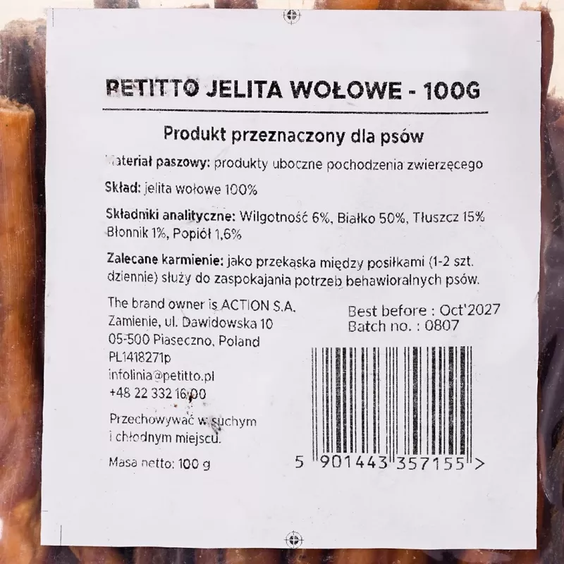 Gryzak dla psa PETITTO z jelit wołowych 100 g — jednoskładnikowy naturalny gryzak dla psów