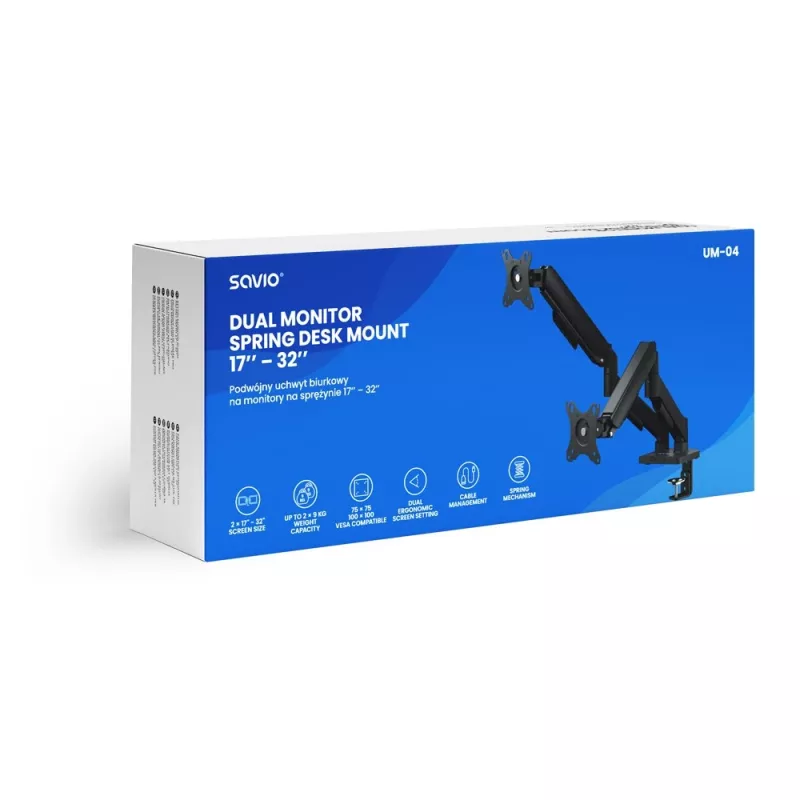 Uchwyt biurkowy Savio UM-04 z podwójną sprężyną do monitorów 17″–32″