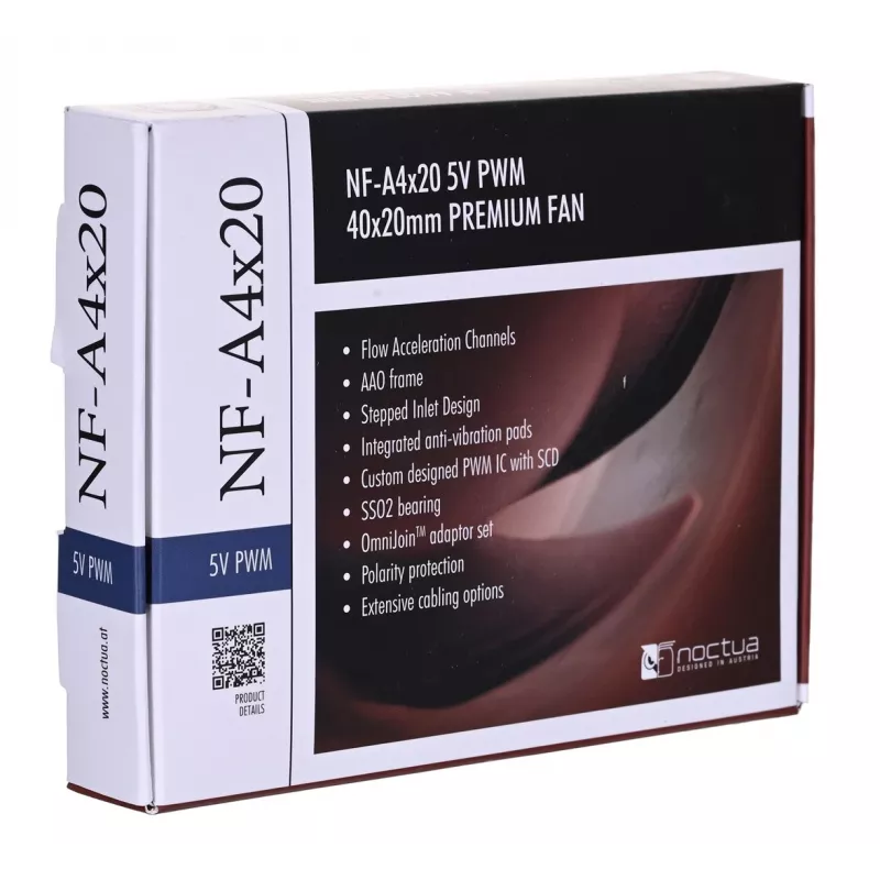 Noctua fan NF-A4X20 5V PWM — 40×20 mm, 5 V, 4-pin PWM, 1100–5000 RPM, 9,4 m³/h