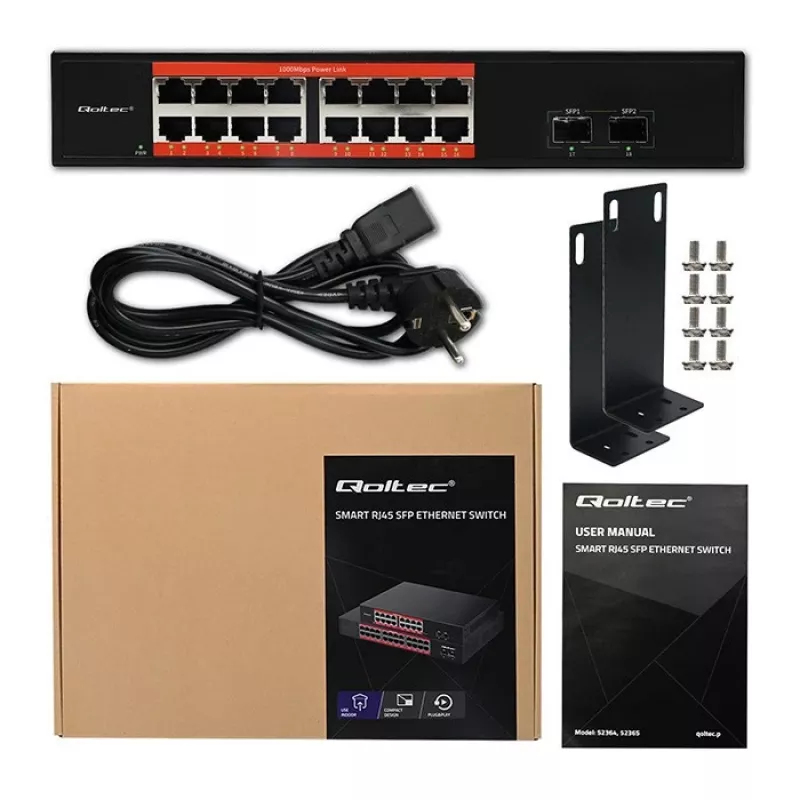Przełącznik sieciowy QOLTEC 52364 — Gigabit Ethernet PoE 16xRJ45, 2xSFP
