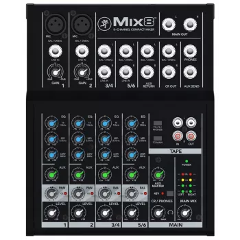 Mikser Mackie Mix8 — 8-kanałowy kompaktowy mikser analogowy, 20–30000 Hz, impedancja wejściowa mikrofonu 3800 Ω, 198×244×53 mm